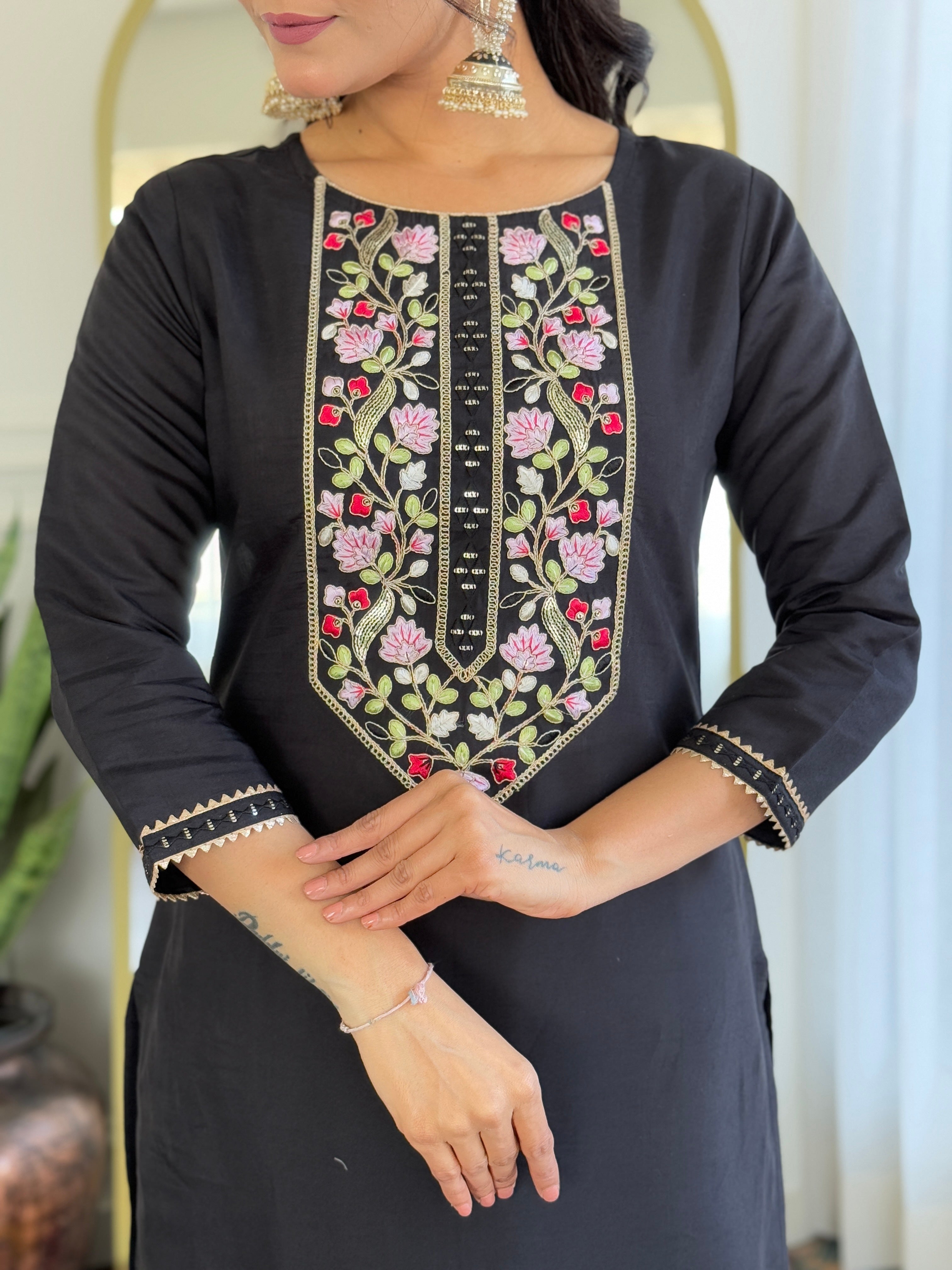 The52 Women Embroidery Work with Rayon Fabric Straight Kurta, Pant and Dupatta Set