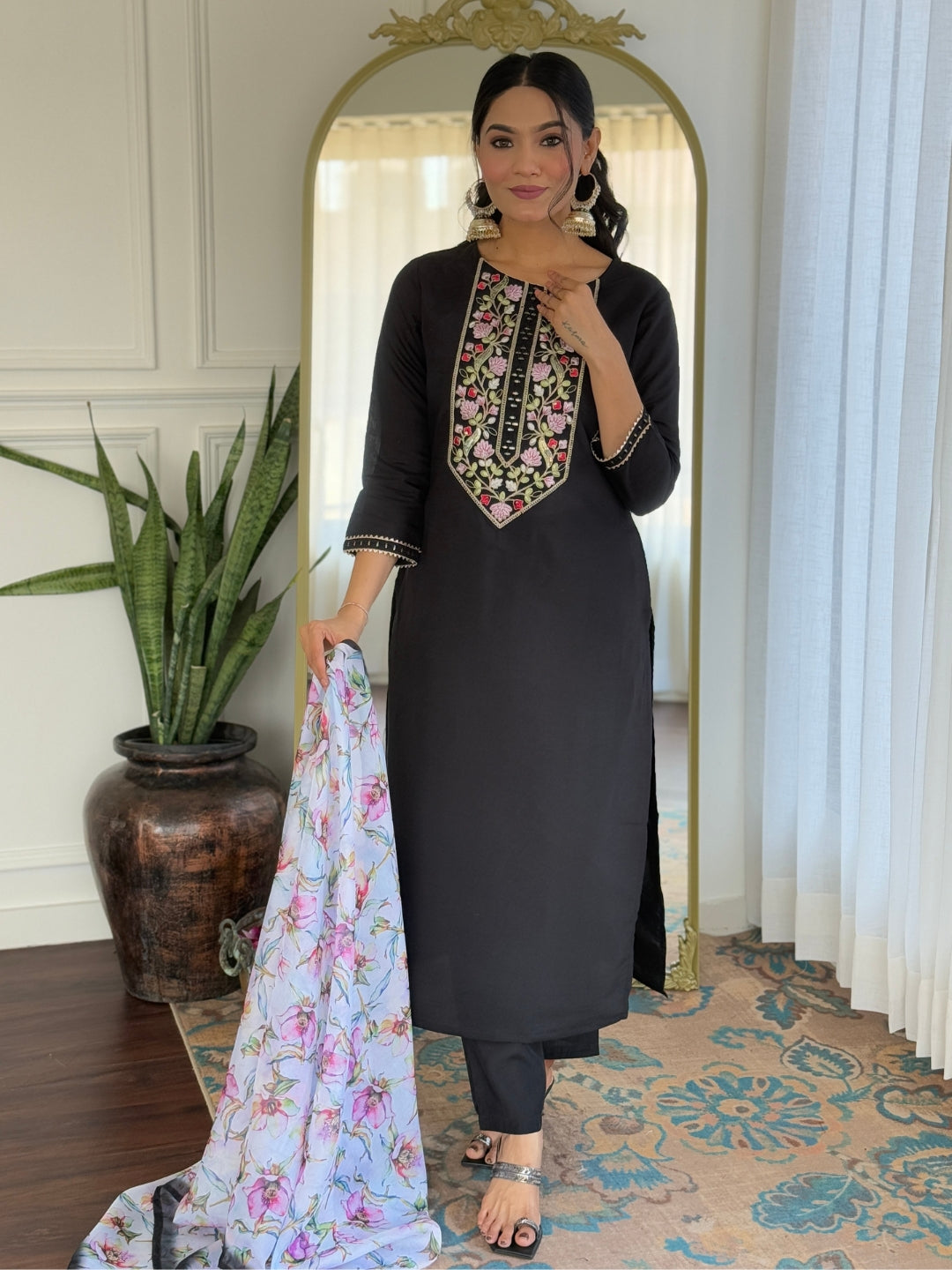 The52 Women Embroidery Work with Rayon Fabric Straight Kurta, Pant and Dupatta Set