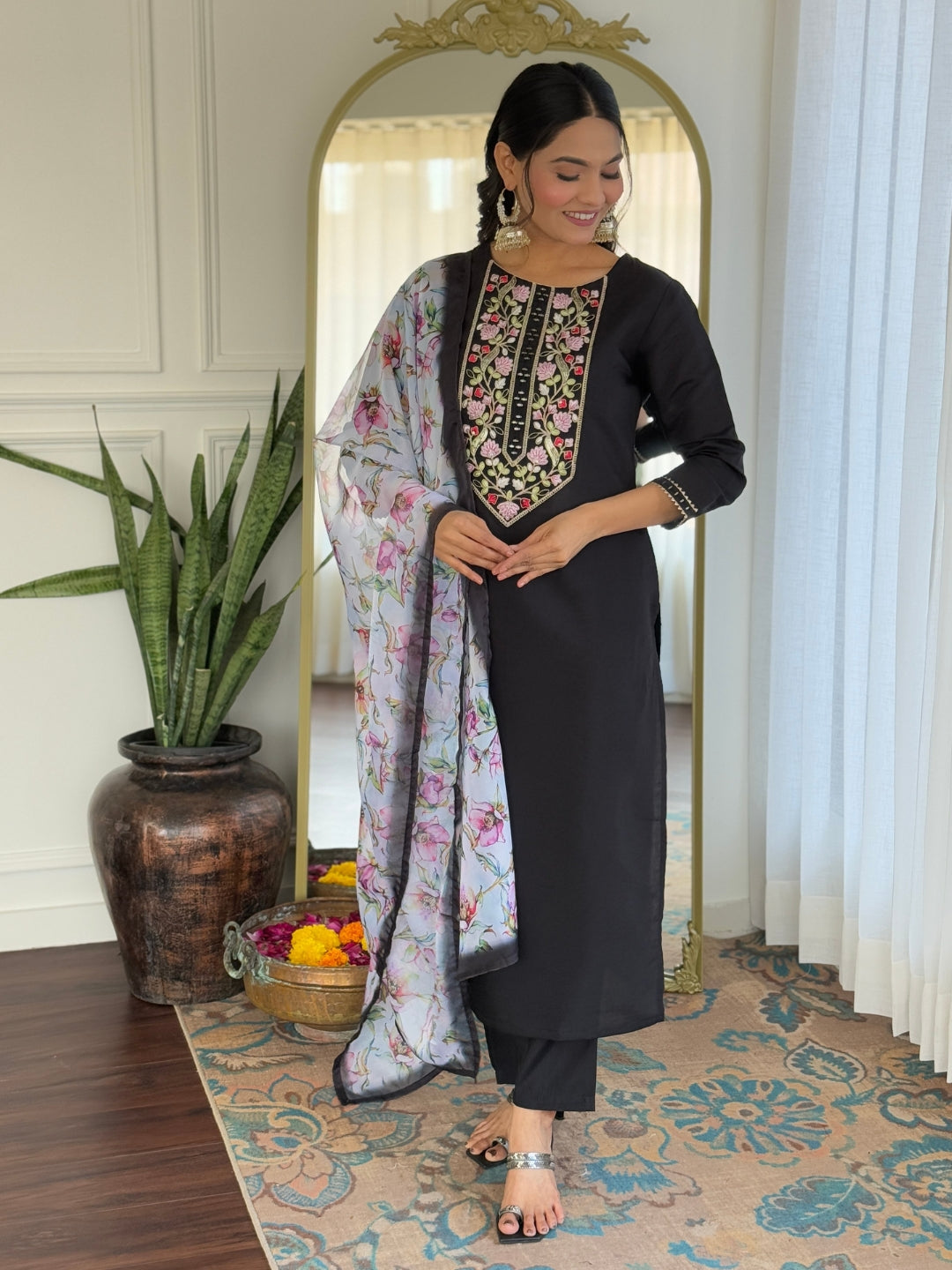 The52 Women Embroidery Work with Rayon Fabric Straight Kurta, Pant and Dupatta Set