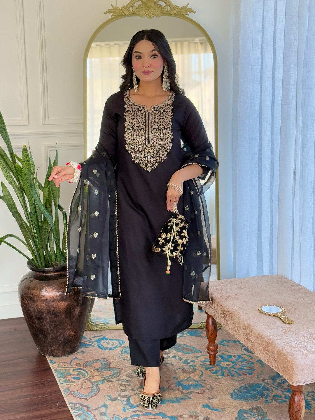 The52 Women Embroidery Work with Viscose Fabric Straight Kurta, Pant and Dupatta Set