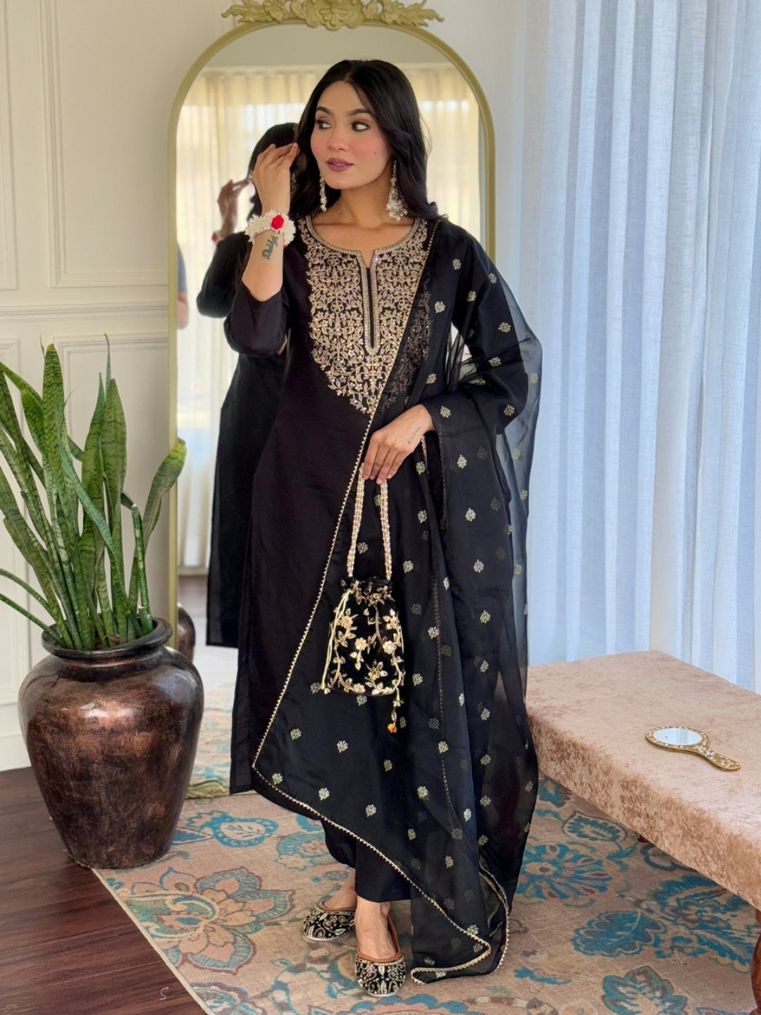 The52 Women Embroidery Work with Viscose Fabric Straight Kurta, Pant and Dupatta Set