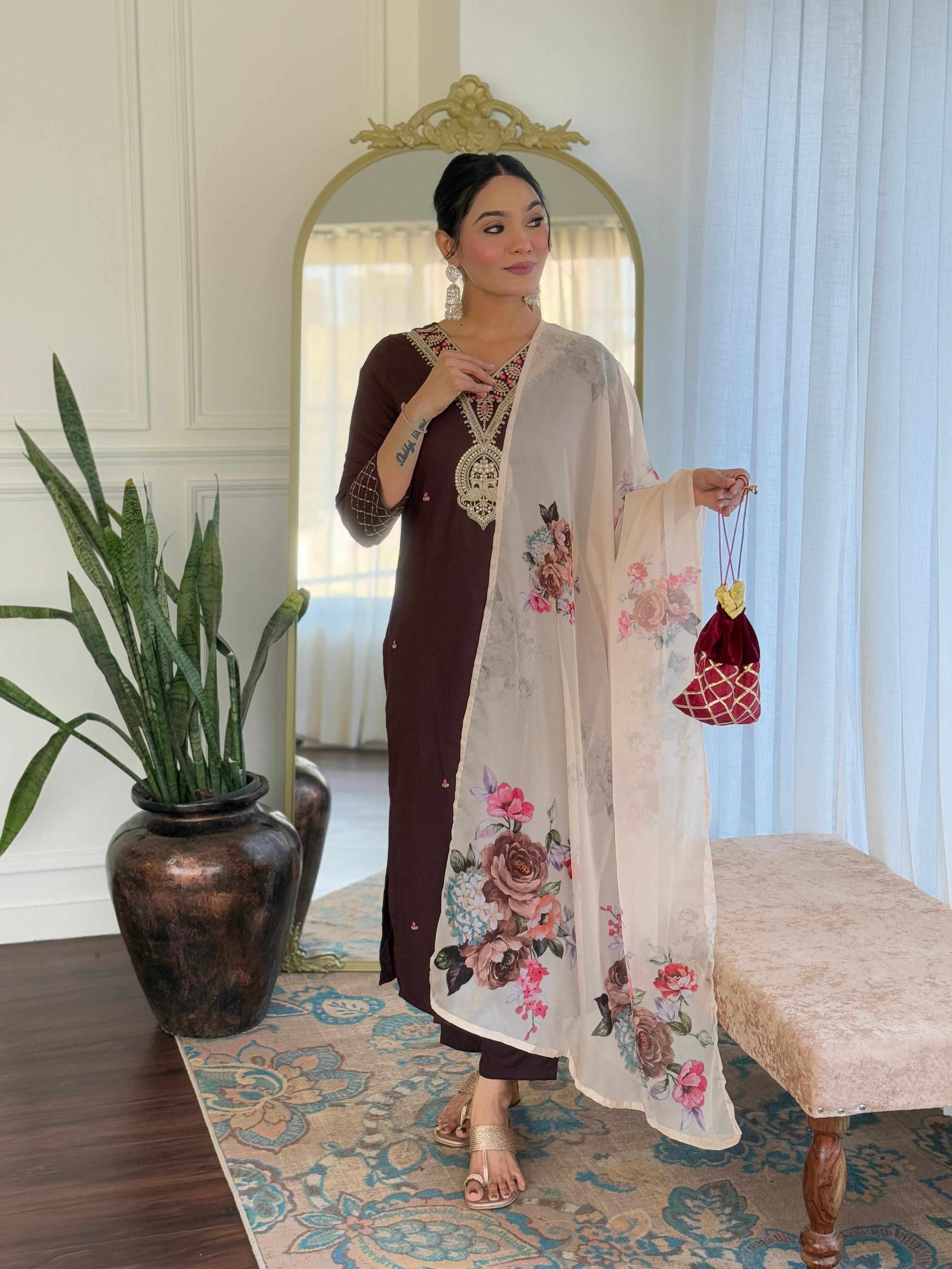 The52 Women's Rayon Slub Embroidery work Straight Kurta with Pant and Dupatta Set