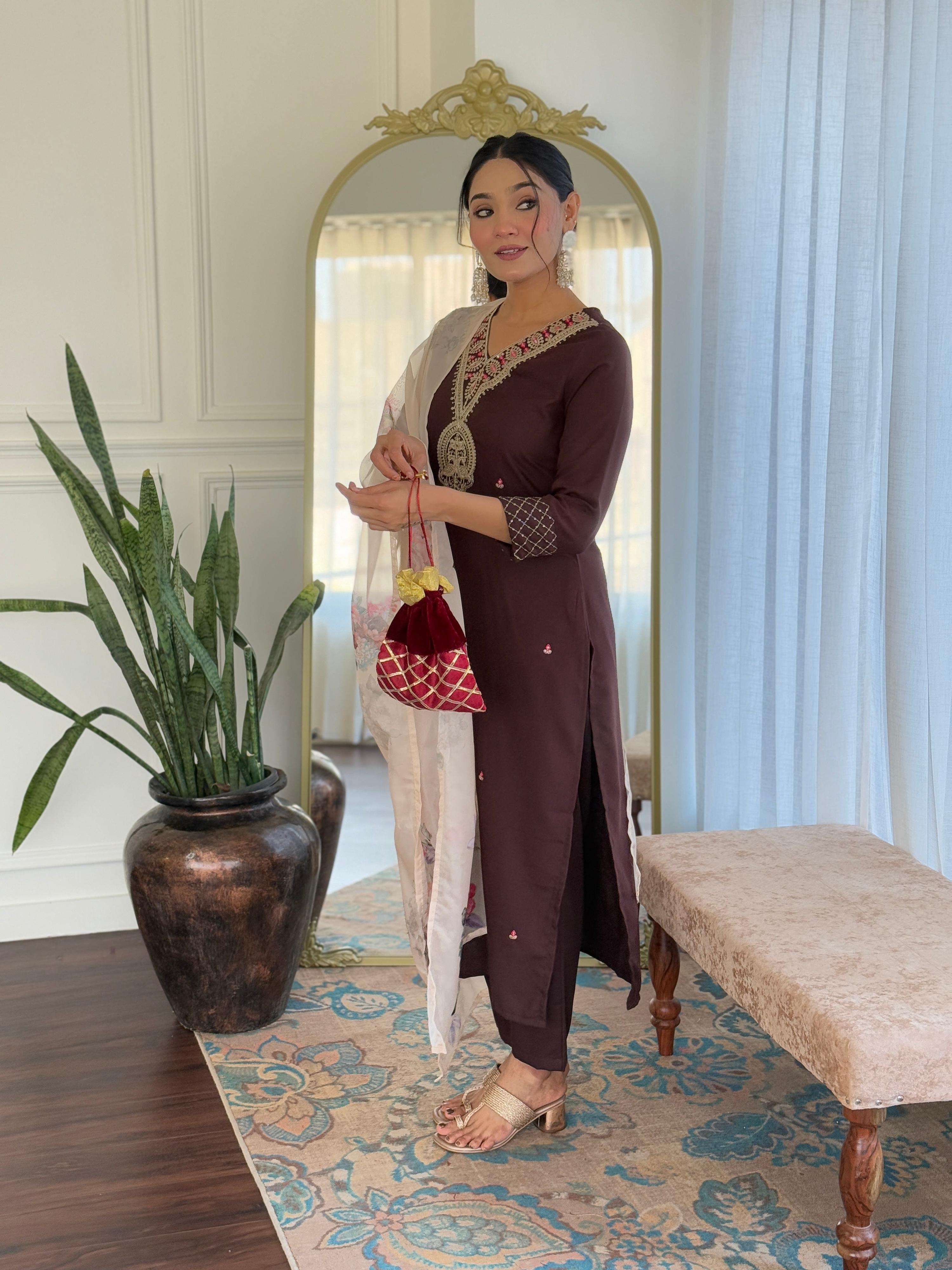 The52 Women's Rayon Slub Embroidery work Straight Kurta with Pant and Dupatta Set