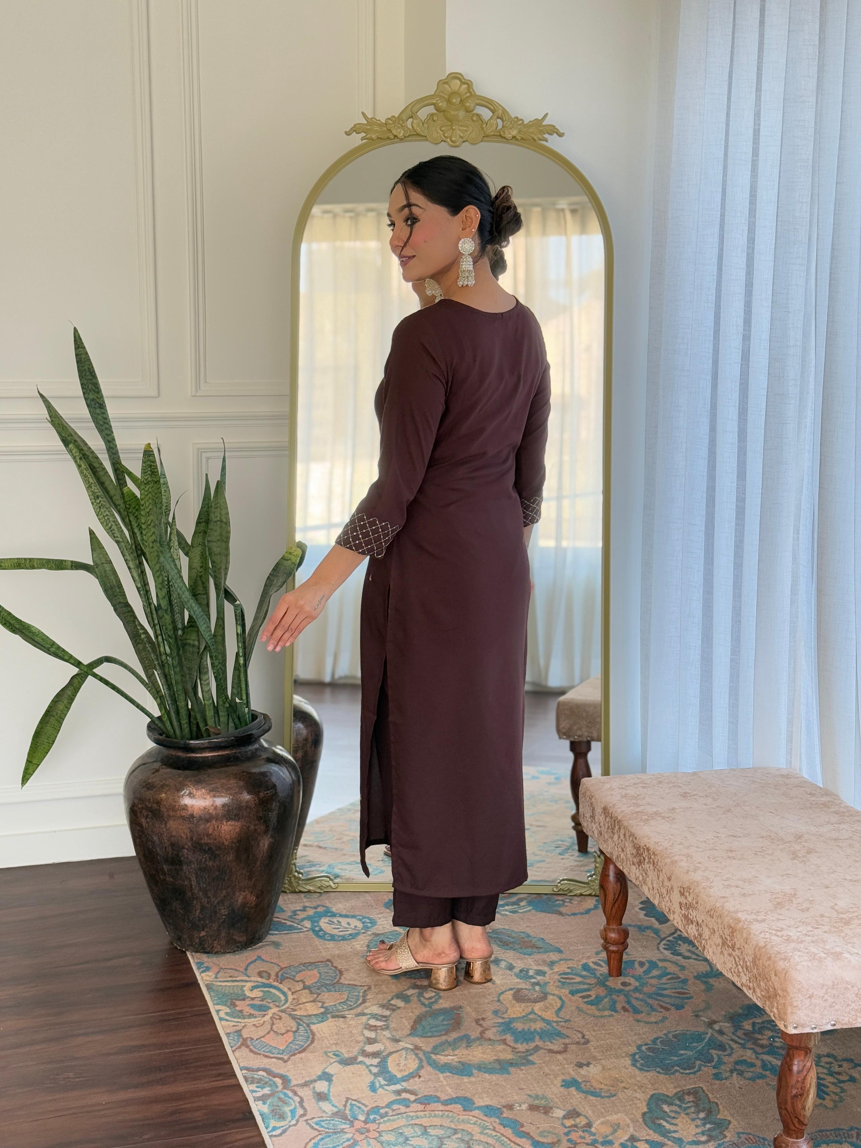 The52 Women's Rayon Slub Embroidery work Straight Kurta with Pant and Dupatta Set