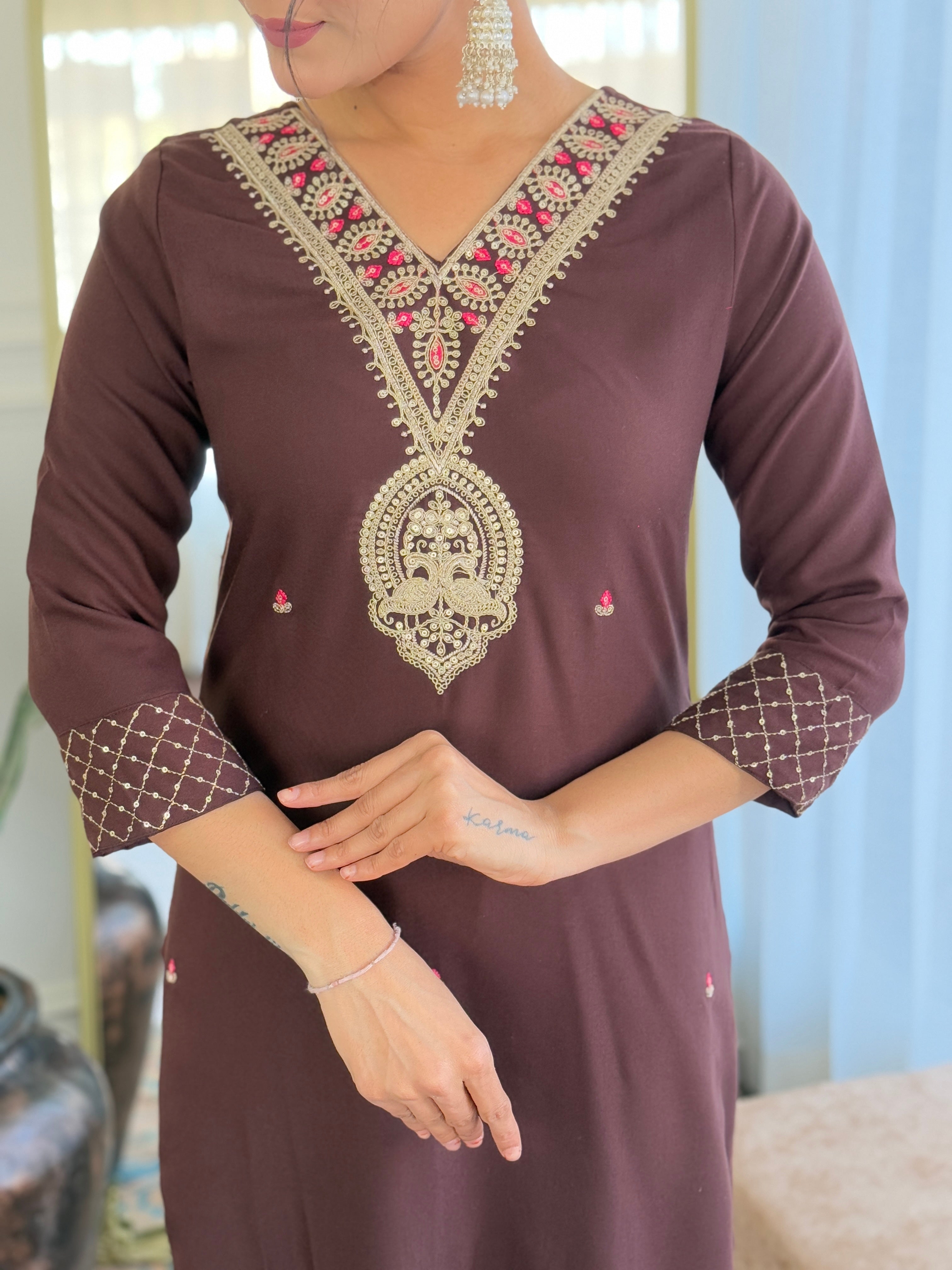 The52 Women's Rayon Slub Embroidery work Straight Kurta with Pant and Dupatta Set