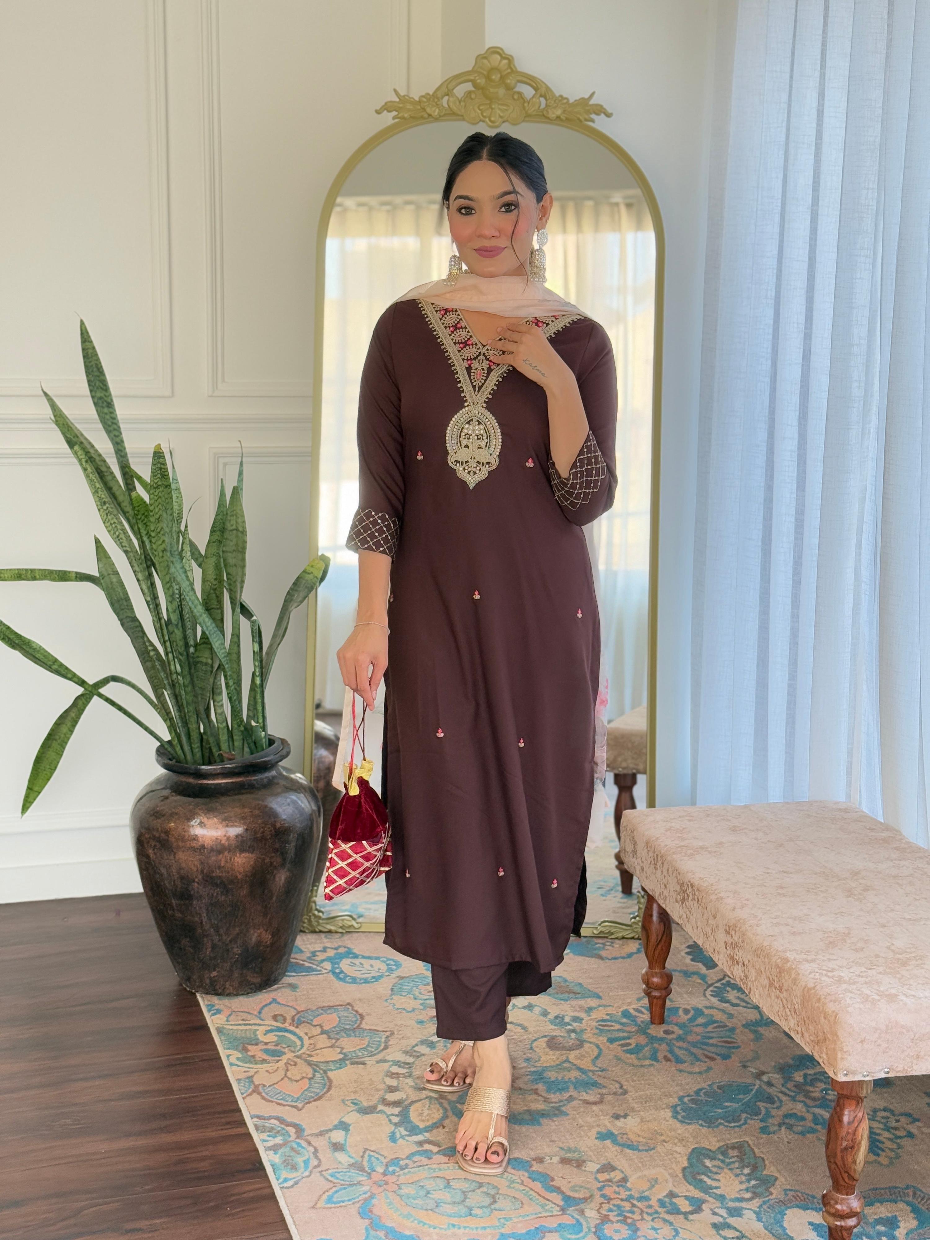 The52 Women's Rayon Slub Embroidery work Straight Kurta with Pant and Dupatta Set