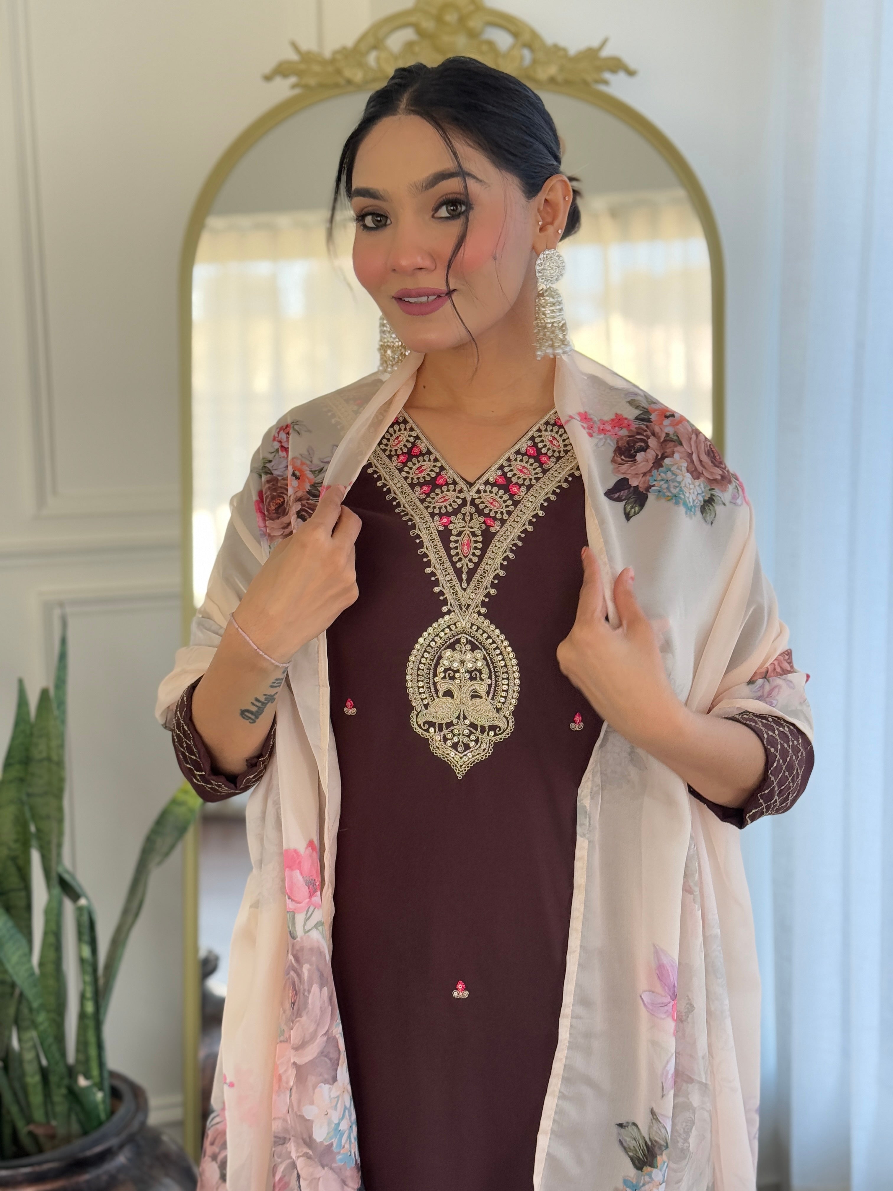 The52 Women's Rayon Slub Embroidery work Straight Kurta with Pant and Dupatta Set