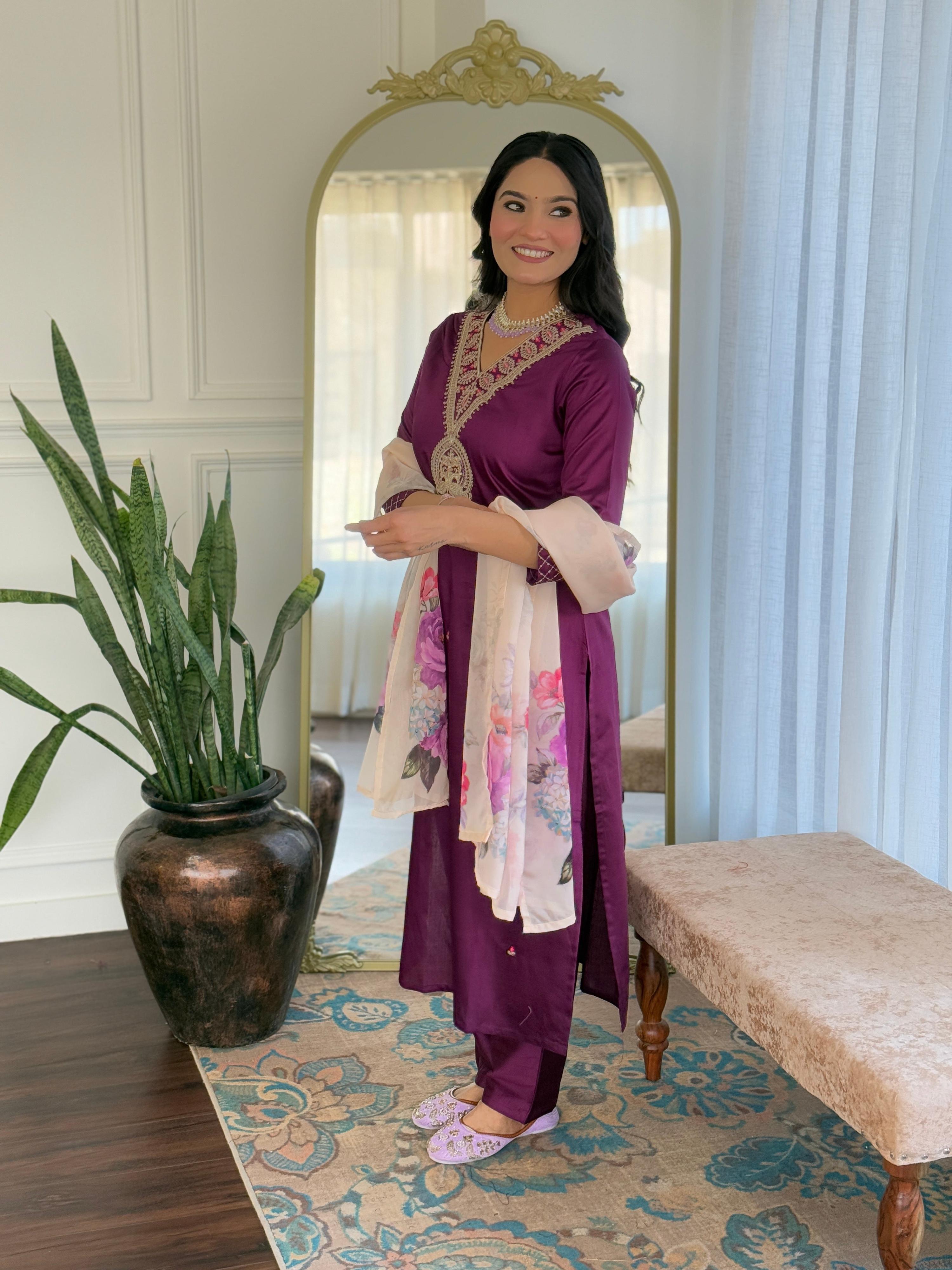 The52 Women's Rayon Slub Embroidery work Straight Kurta with Pant and Dupatta Set