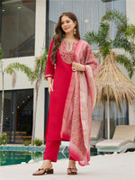 Thumbnail for The52 Women's Beautiful Rayon Embroidery work Straight Kurta with Pant and Dupatta Set