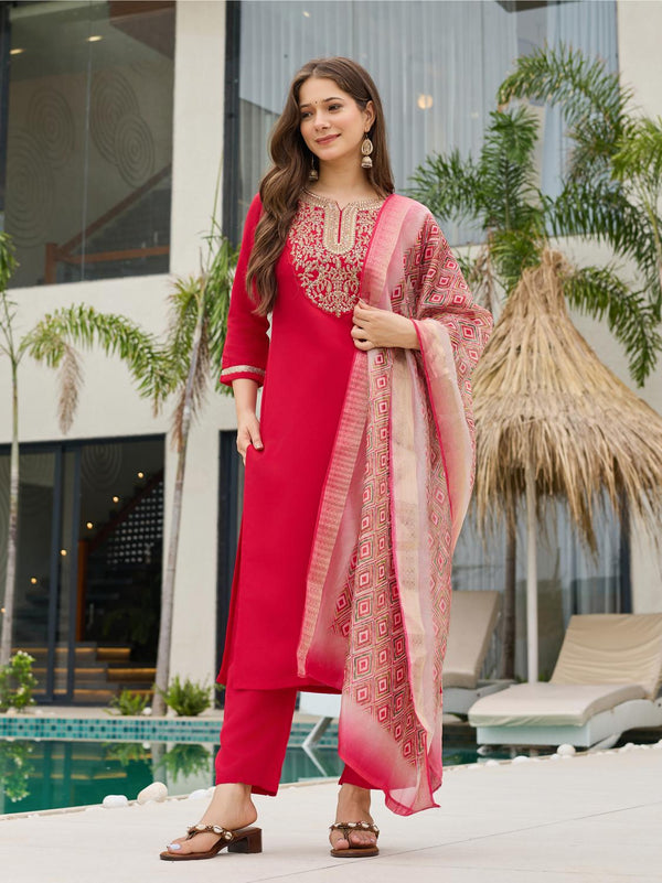 The52 Women's Beautiful Rayon Embroidery work Straight Kurta with Pant and Dupatta Set