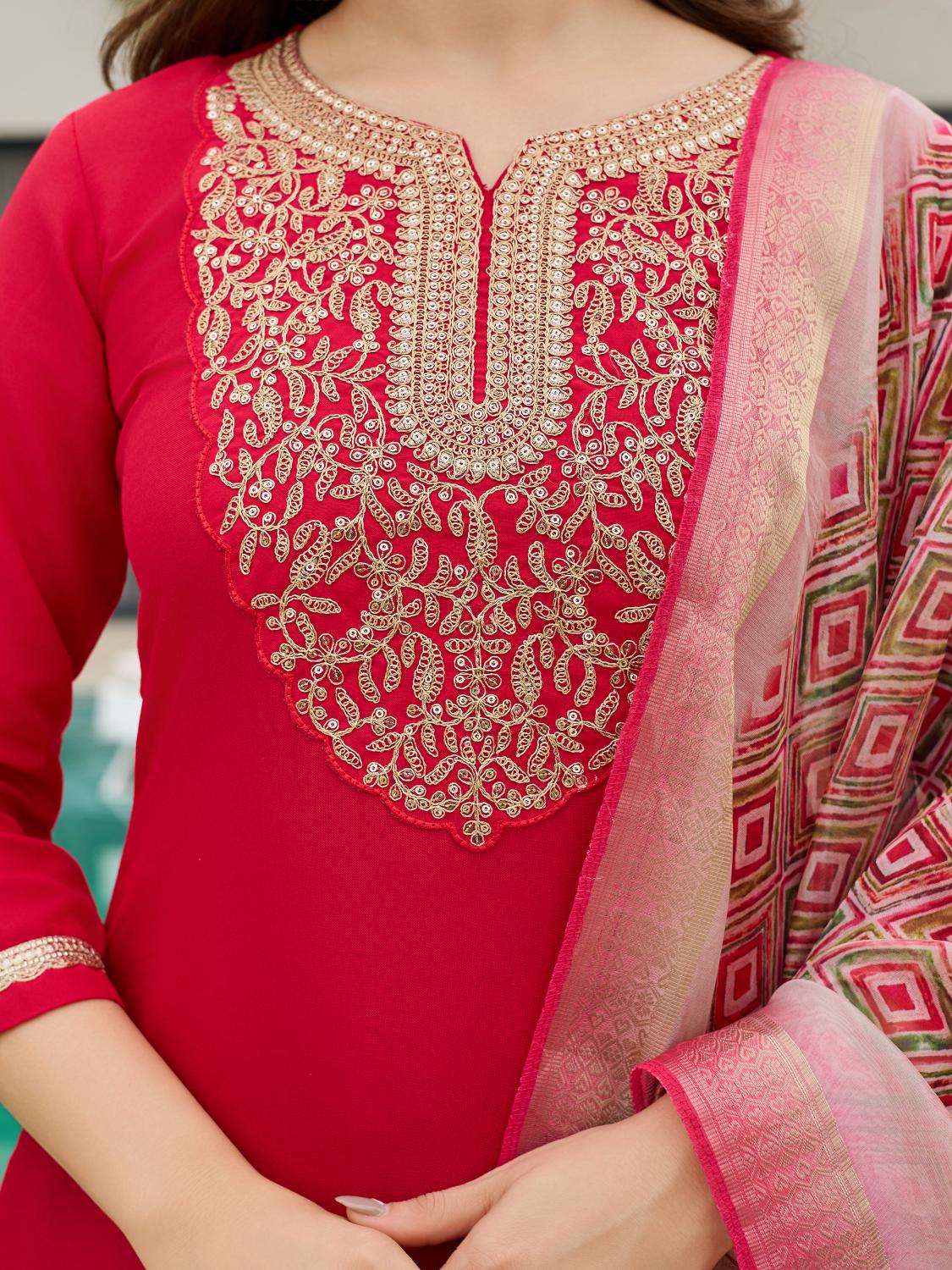 The52 Women's Beautiful Rayon Embroidery work Straight Kurta with Pant and Dupatta Set