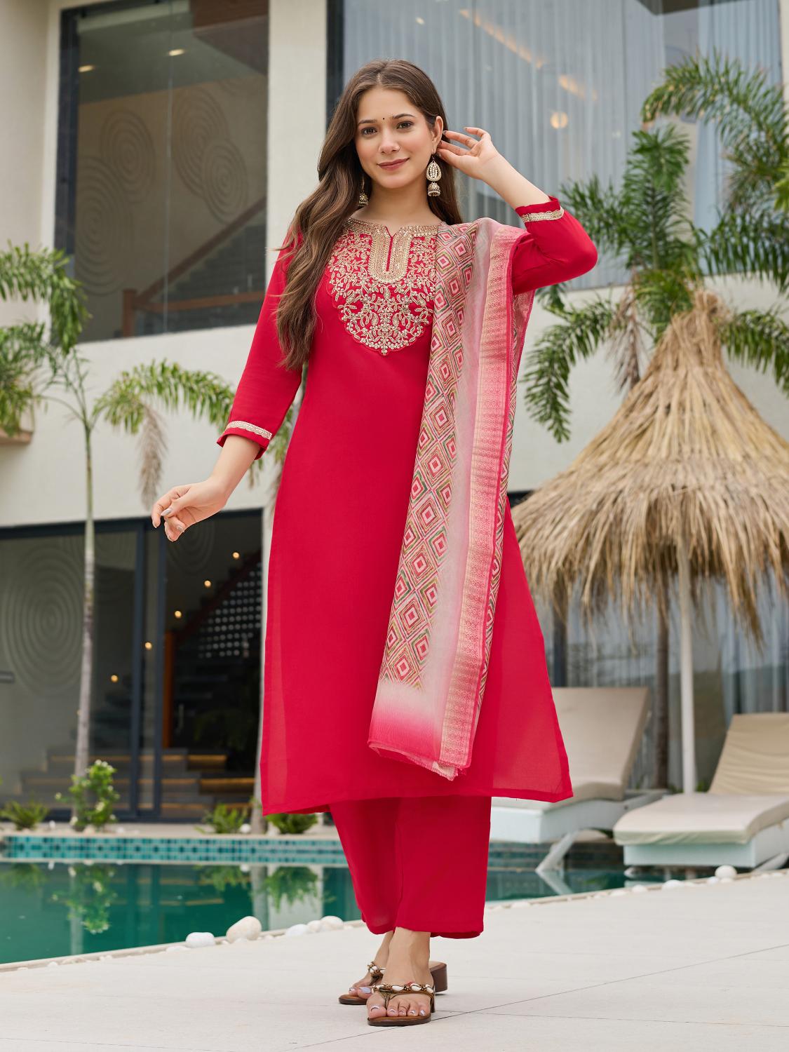 The52 Women's Beautiful Rayon Embroidery work Straight Kurta with Pant and Dupatta Set