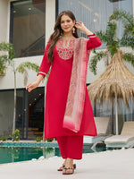 Thumbnail for The52 Women's Beautiful Rayon Embroidery work Straight Kurta with Pant and Dupatta Set