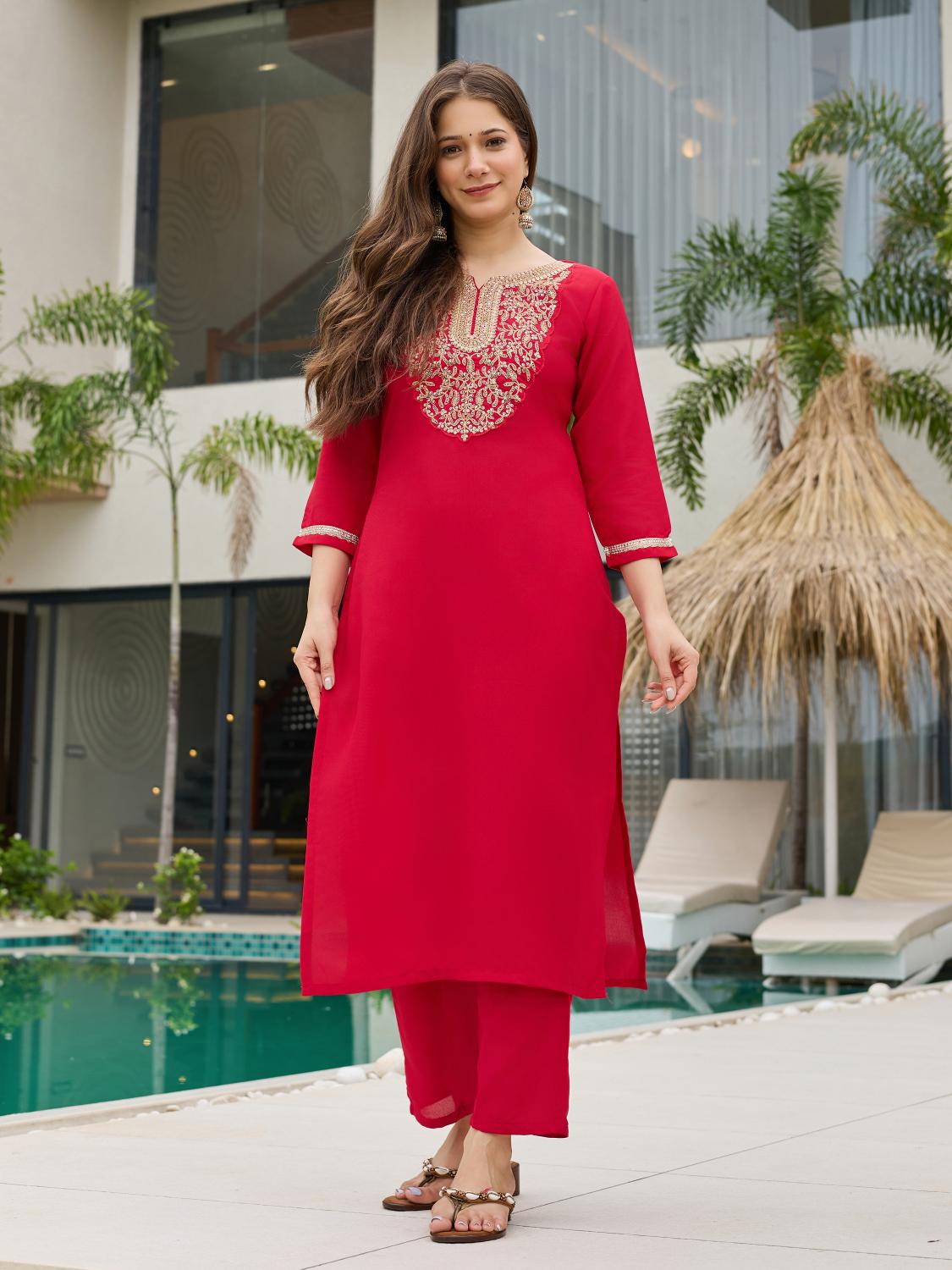 The52 Women's Beautiful Rayon Embroidery work Straight Kurta with Pant and Dupatta Set