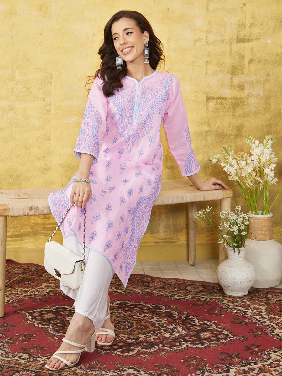 ADA Women Pink & Blue Chikankari Hand Embroidered Semi-Sheer Straight Sustainable Handloom Kurta - Distacart