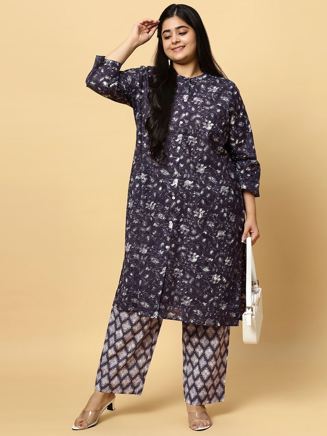 Sztori Plus Size Floral Printed Pure Cotton Straight Kurta with Trousers - Distacart