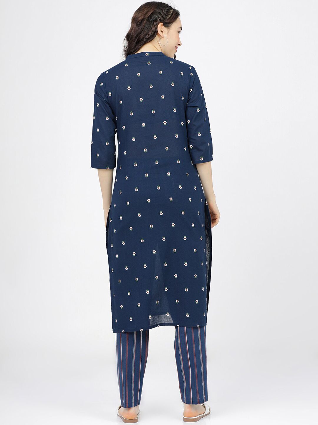 Vishudh Women Navy Blue Floral Printed Pure Cotton Kurta with Palazzos - Distacart