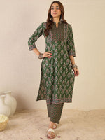 Thumbnail for Indo Era Women Floral Printed Regular Sequinned Detail Pure Cotton Kurta with Trousers