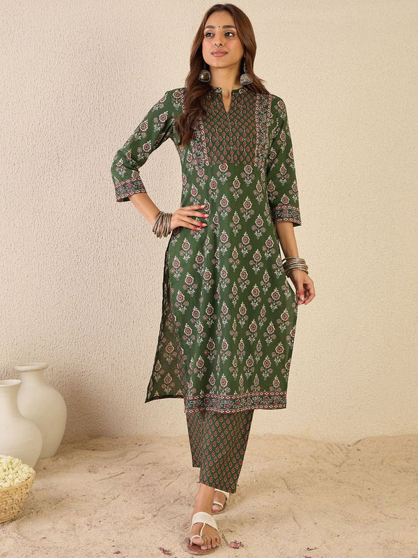 Indo Era Women Floral Printed Regular Sequinned Detail Pure Cotton Kurta with Trousers