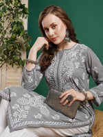 Thumbnail for ADA Women Grey & White Chikankari Embroidered Straight Kurta - Distacart