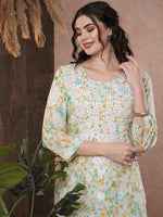 Thumbnail for ADA Floral Printed Round Neck Regular Lucknowi Chikankari Kurta with Trousers - Distacart