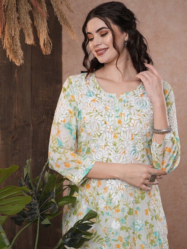 ADA Floral Printed Round Neck Regular Lucknowi Chikankari Kurta with Trousers - Distacart