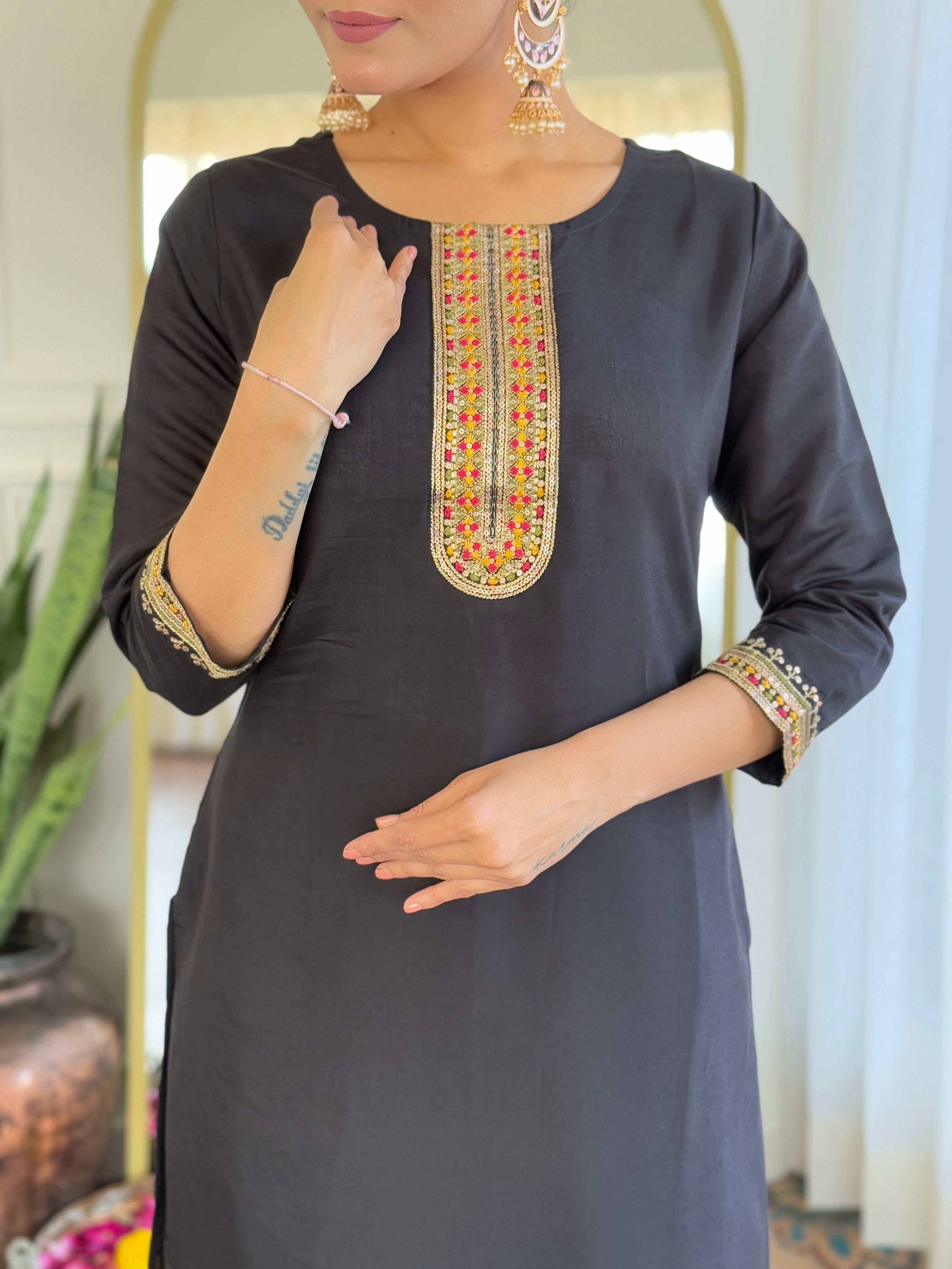 The52 Women's Viscose Embroidery work Straight Kurta with Pant and Dupatta Set