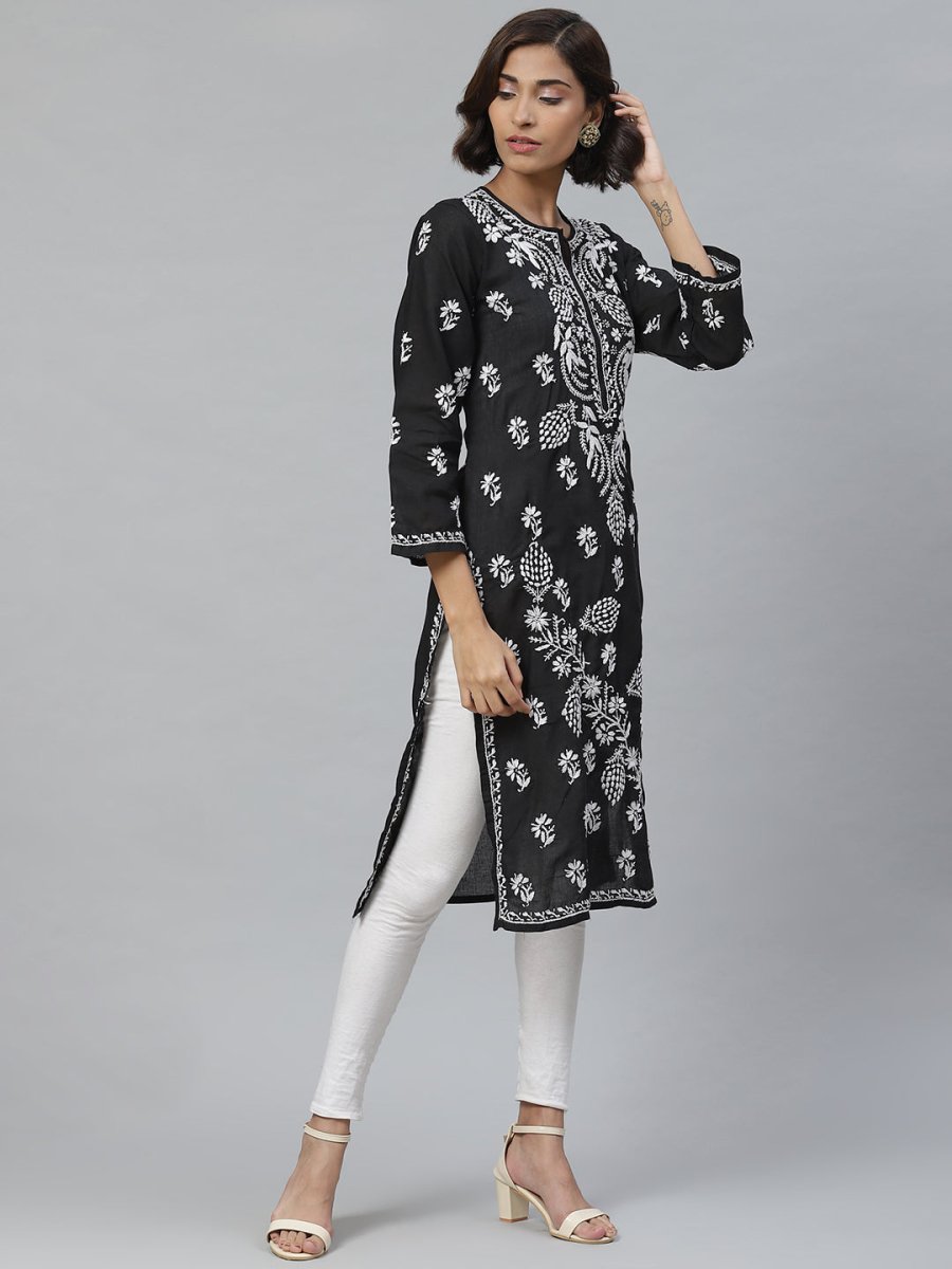 ADA Women Black & White Chikankari Embroidered Straight Sustainable Handloom Kurta - Distacart