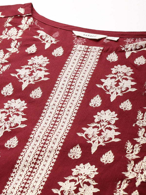 Sztori Plus-Size Gotta Patti Ethnic Motif Print Pure Cotton Kurta with Trousers & Dupatta - Distacart
