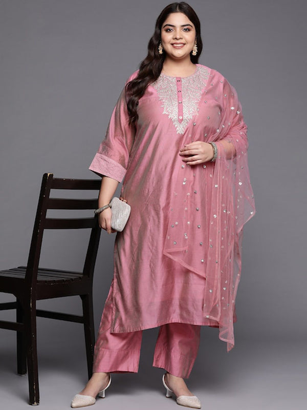 Sztori Plus Size Floral Embroidered Regular Chanderi Silk Kurta & Trousers With Dupatta - Distacart