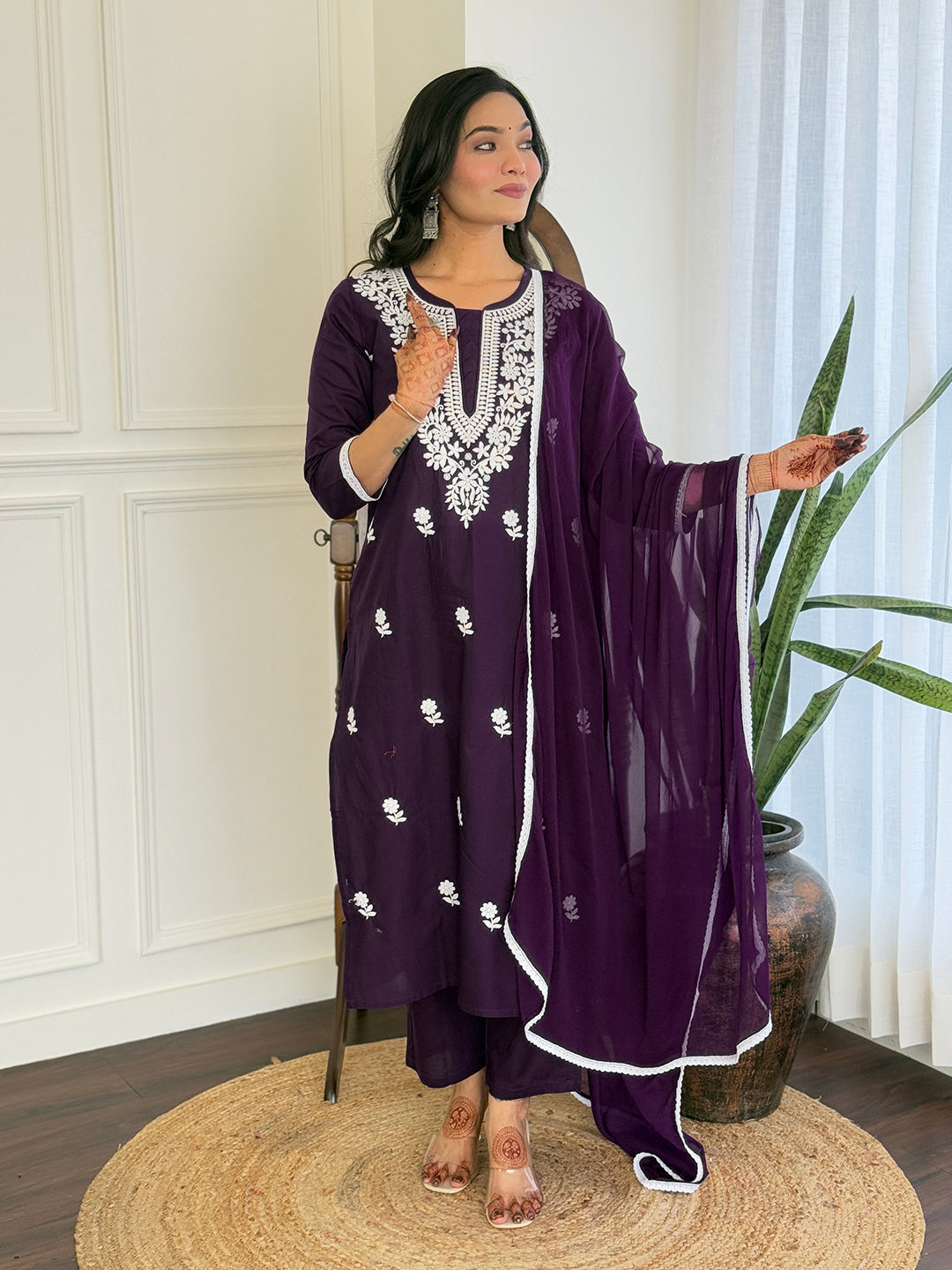 The52 Chikankari Work with Pure Cotton Fabric Straight Kurta, Pant and Dupatta Set