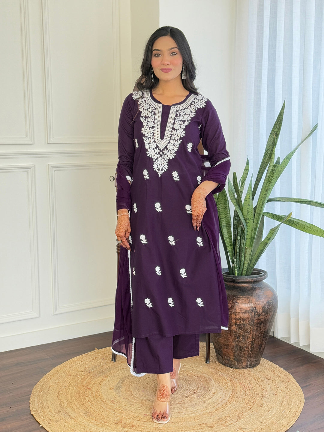 The52 Chikankari Work with Pure Cotton Fabric Straight Kurta, Pant and Dupatta Set