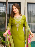 Thumbnail for The52 Women's Viscose Embroidery work Straight Kurta with Pant and Dupatta Set
