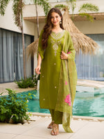 Thumbnail for The52 Women's Viscose Embroidery work Straight Kurta with Pant and Dupatta Set