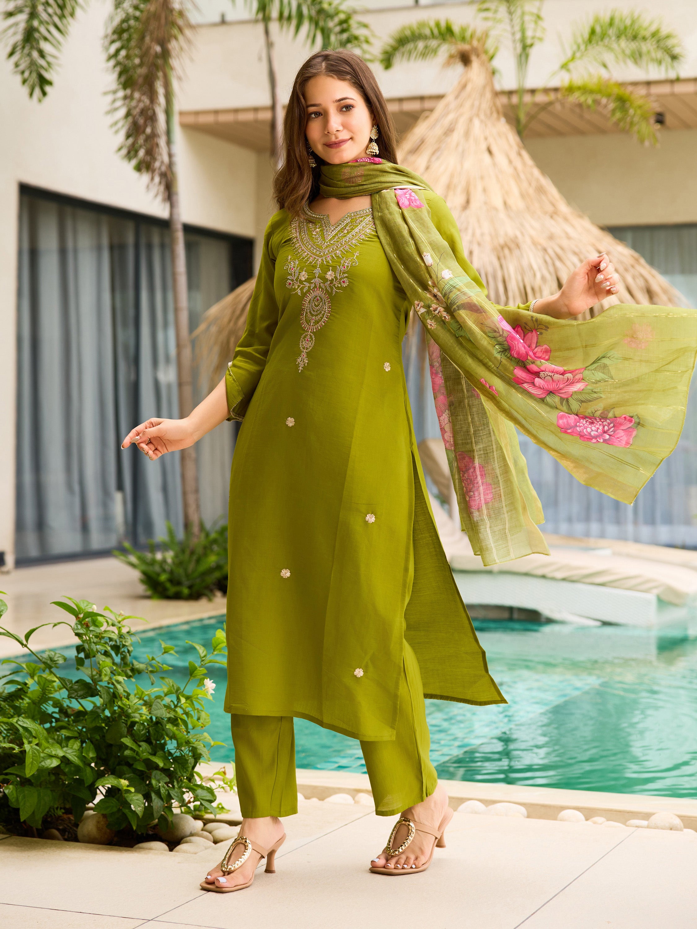 The52 Women's Viscose Embroidery work Straight Kurta with Pant and Dupatta Set
