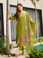 Thumbnail for The52 Women's Viscose Embroidery work Straight Kurta with Pant and Dupatta Set