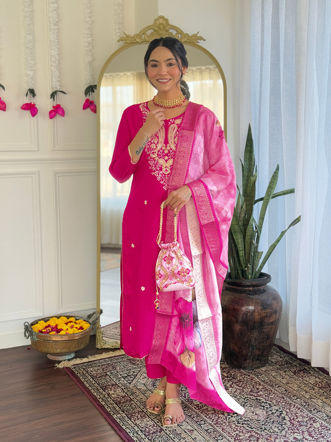 The52 Women's Gorgeous Viscose Embroidery work Straight Kurta with Pant and Dupatta Set