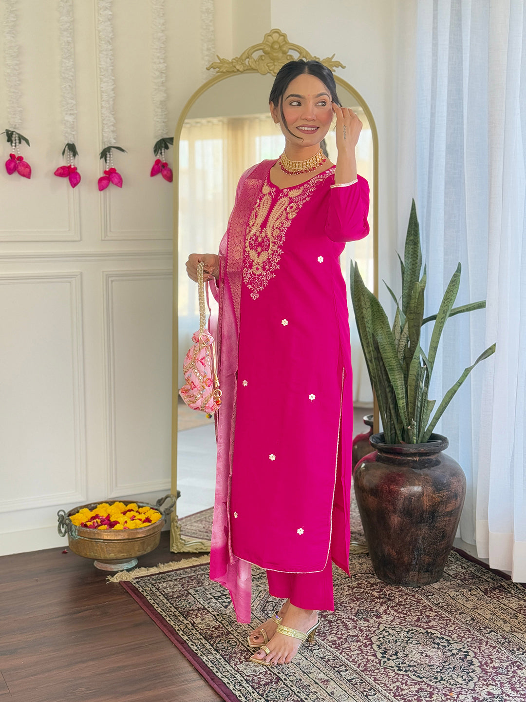 The52 Women's Gorgeous Viscose Embroidery work Straight Kurta with Pant and Dupatta Set