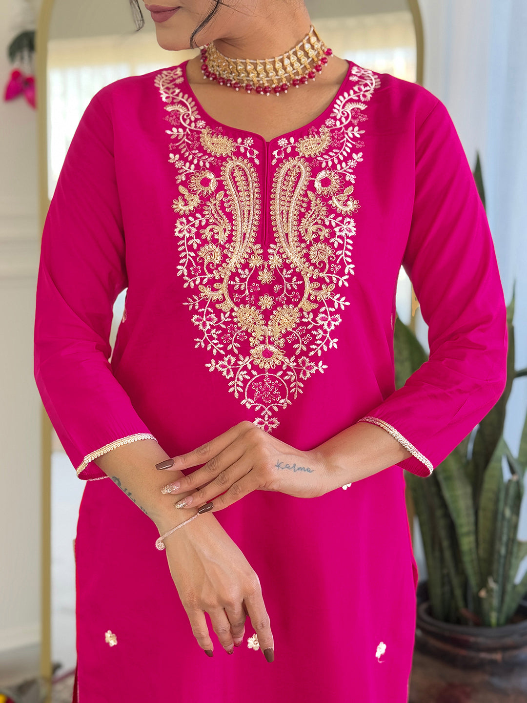 The52 Women's Gorgeous Viscose Embroidery work Straight Kurta with Pant and Dupatta Set