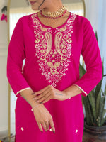 Thumbnail for The52 Women's Gorgeous Viscose Embroidery work Straight Kurta with Pant and Dupatta Set