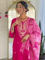 Thumbnail for The52 Women's Gorgeous Viscose Embroidery work Straight Kurta with Pant and Dupatta Set