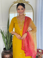 Thumbnail for The52 Women's Beautiful Rayon Embroidery work Straight Kurta with Pant and Dupatta Set