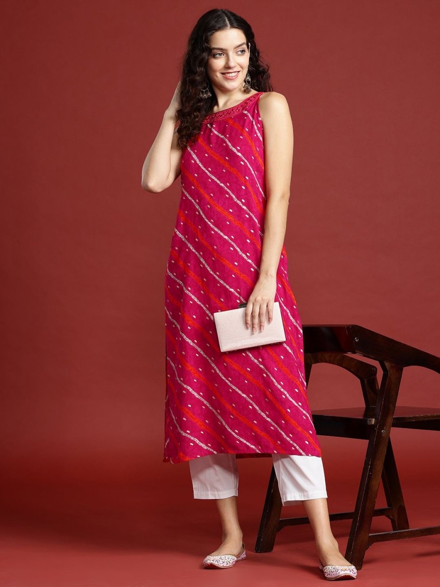 Anouk Leheriya Printed Halter Neck Thread Work Kurta - Distacart
