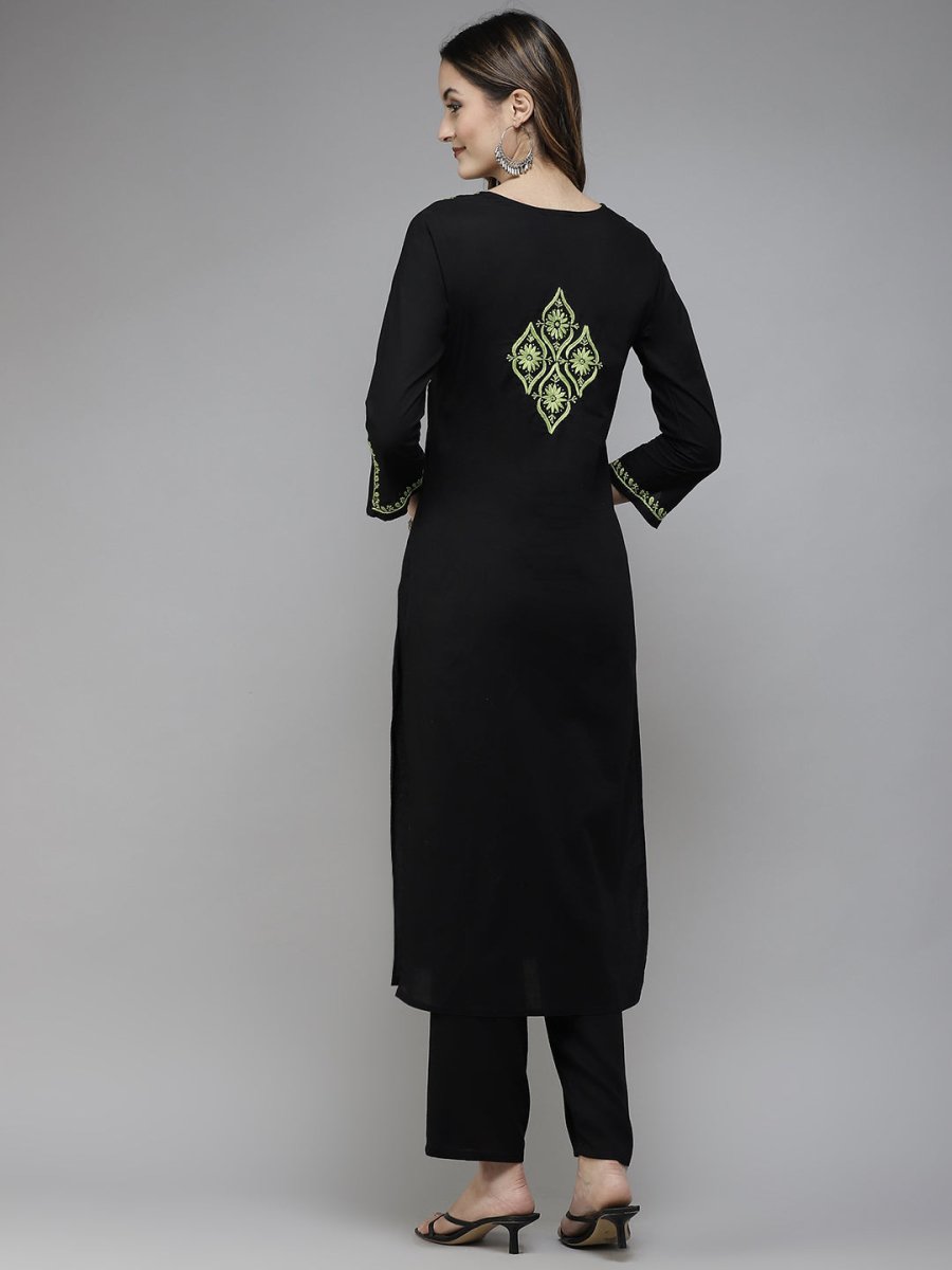 ADA Women Black & Green Ethnic Motifs Embroidered Chikankari Handloom Handloom Kurta - Distacart