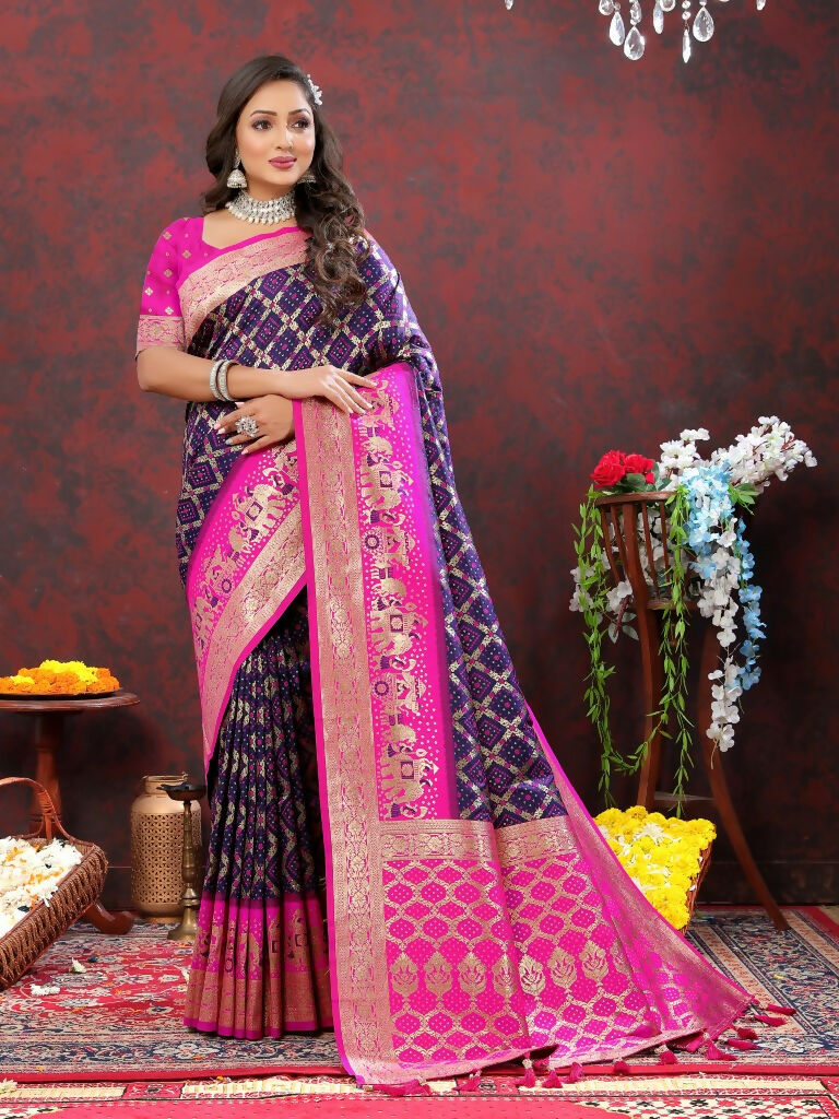 Vastranavya Navy Blue Soft Patola Silk With Meenakari Weaving Motifs And Rich Zari Weaving Pallu Saree With Matching Blouse Fabric - Distacart