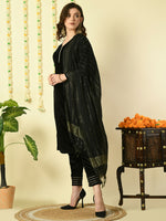 Thumbnail for Myshka Women's Black Velvet Kurta & Trousers With Dupatta Party Sets - Distacart