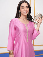 Thumbnail for Vishudh Pink Round Neck Three-Quarter Sleeves Panelled A-Line Kurta - Distacart