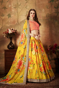 Thumbnail for Aastha Fashion Women's Yellow Digital Printed Organza Silk Wedding Lehenga Choli With Orange Blouse - Distacart