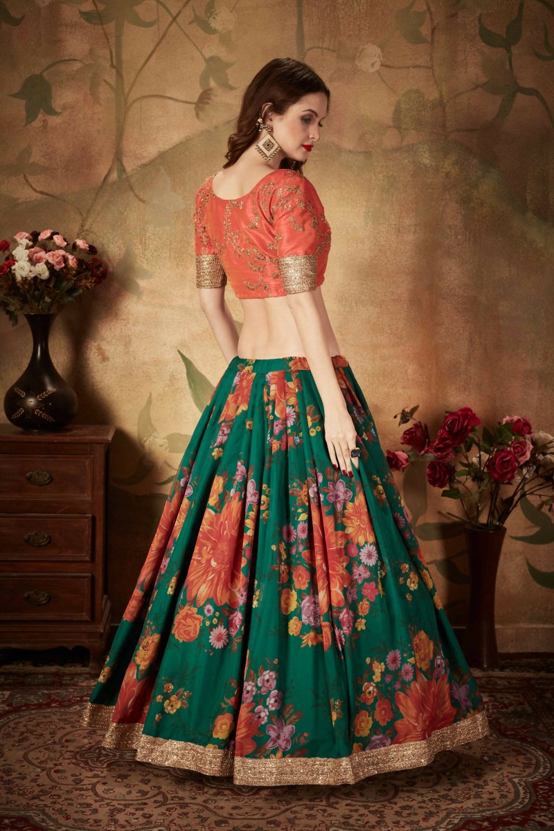 Aastha Fashion Women's Refreshing Dark Green Floral Print Organza Silk Wedding Lehenga Choli With Orange Blouse - Distacart