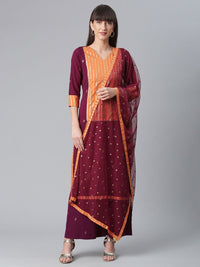 Thumbnail for Ahalyaa Wine Crepe Solid Kurta Palazzo Set With Printed Dupatta